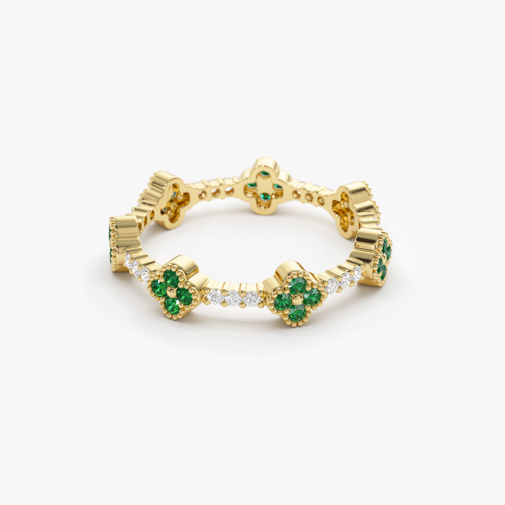 14k Full Eternity Clover Emerald and Diamond Ring - GeumJewels