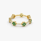 14k Full Eternity Clover Emerald and Diamond Ring - GeumJewels