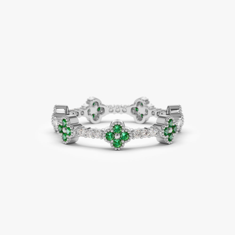 14k Full Eternity Clover Emerald and Diamond Ring - GeumJewels