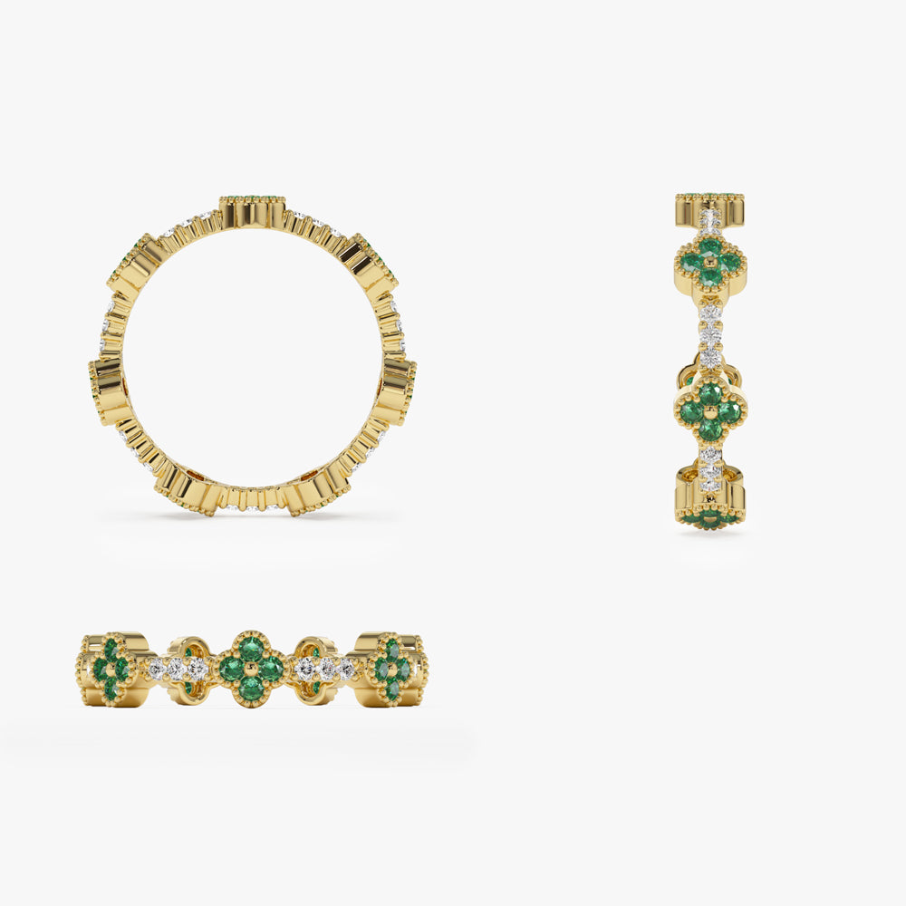 14k Full Eternity Clover Emerald and Diamond Ring - GeumJewels