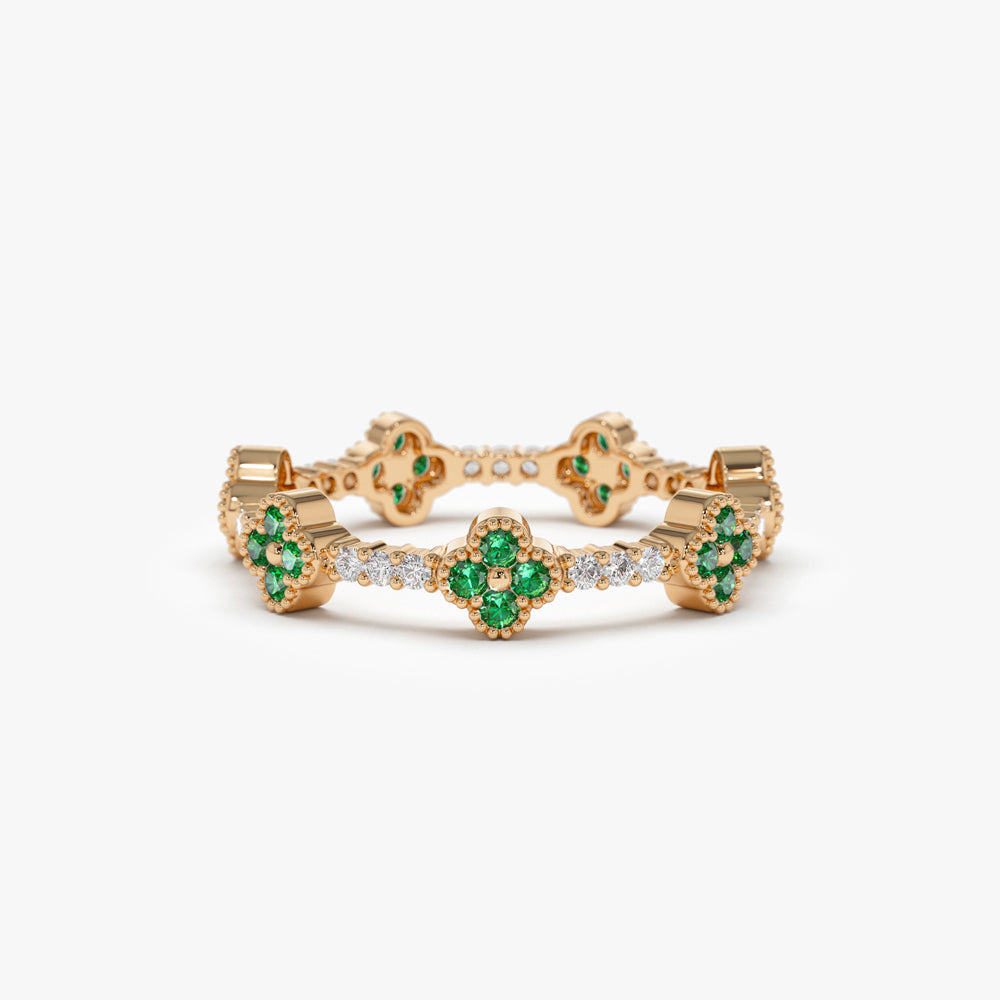 14k Full Eternity Clover Emerald and Diamond Ring - GeumJewels