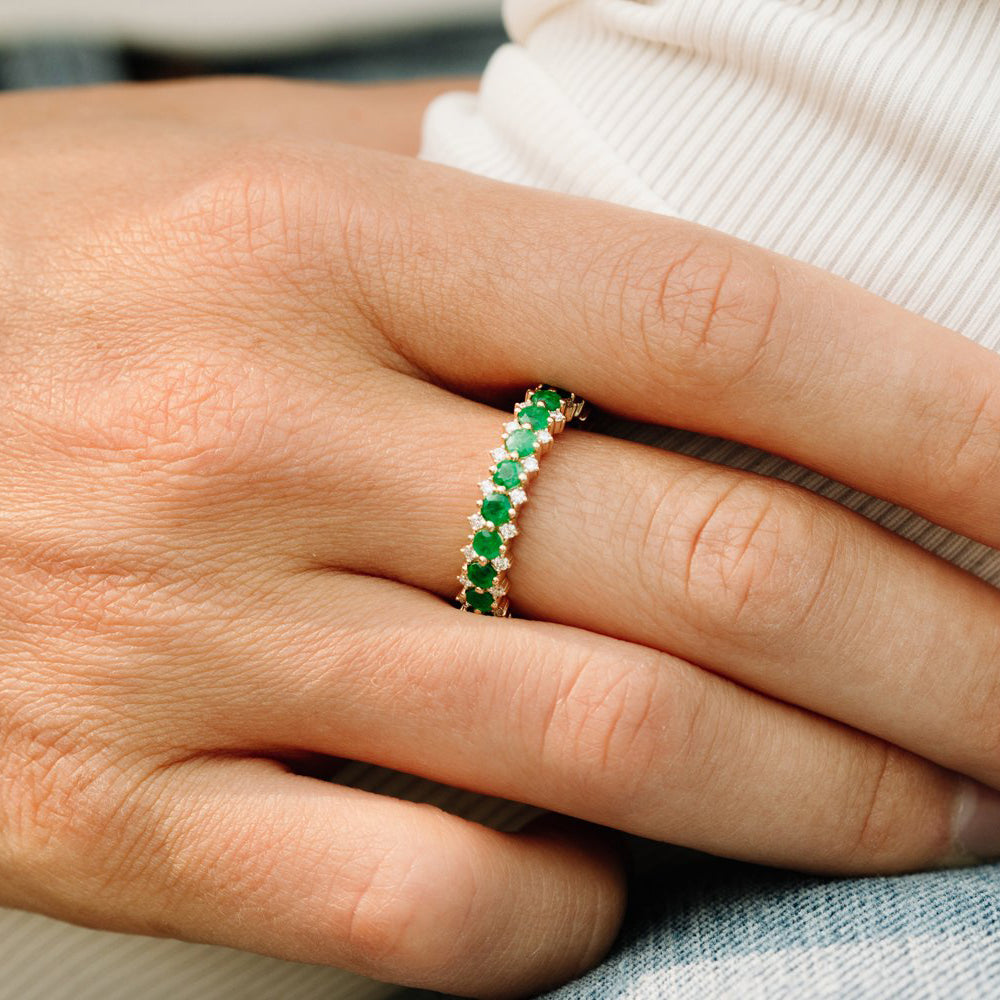14k Full Eternity Round Emerald and Diamond Anniversary Ring - GeumJewels