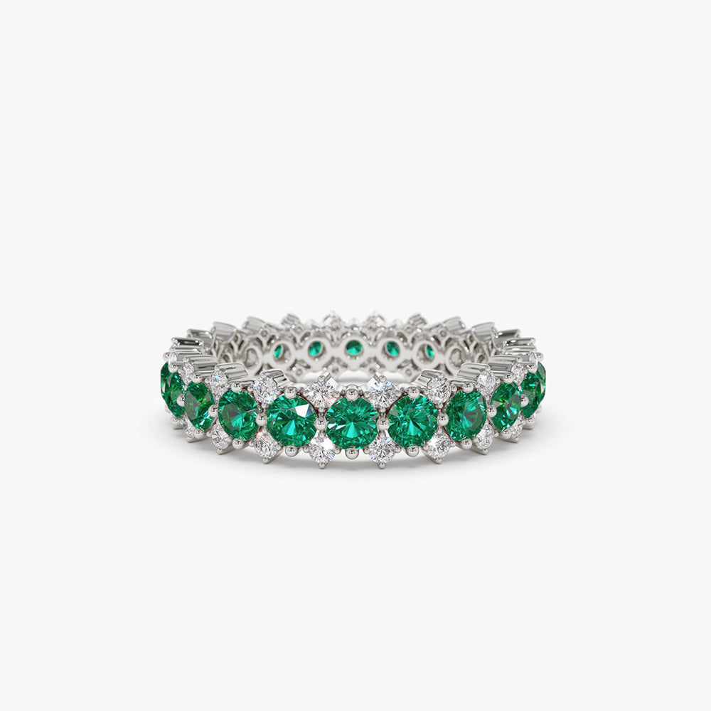 14k Full Eternity Round Emerald and Diamond Anniversary Ring - GeumJewels
