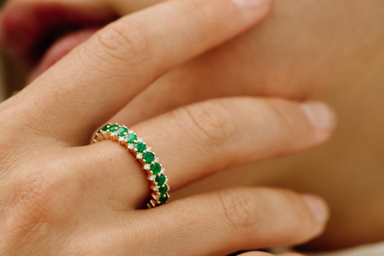 14k Full Eternity Round Emerald and Diamond Anniversary Ring - GeumJewels