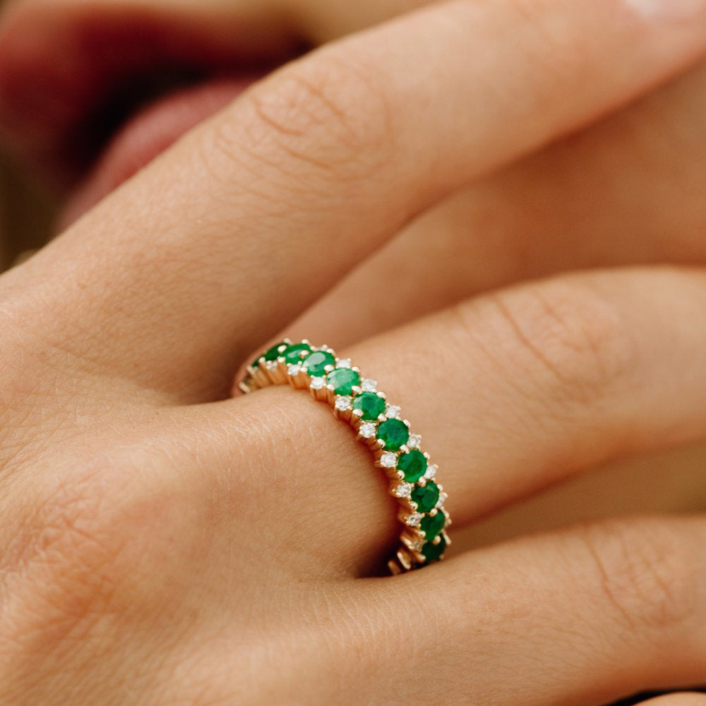 14k Full Eternity Round Emerald and Diamond Anniversary Ring - GeumJewels
