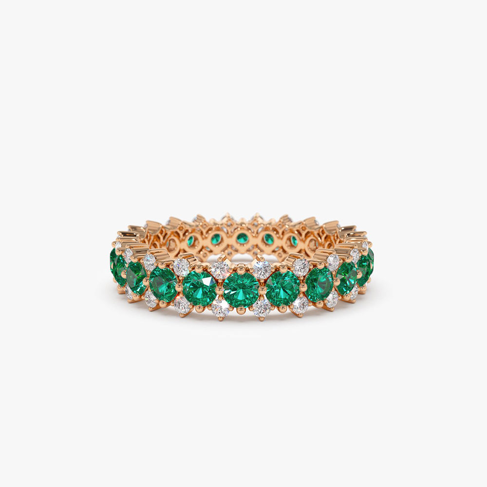 14k Full Eternity Round Emerald and Diamond Anniversary Ring - GeumJewels