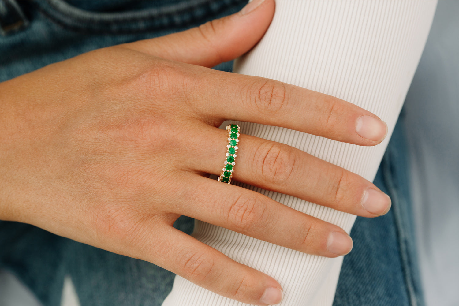 14k Full Eternity Round Emerald and Diamond Anniversary Ring - GeumJewels
