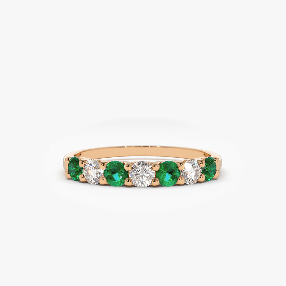 14K Gold Alternating Emerald and Diamond Wedding Band - GeumJewels