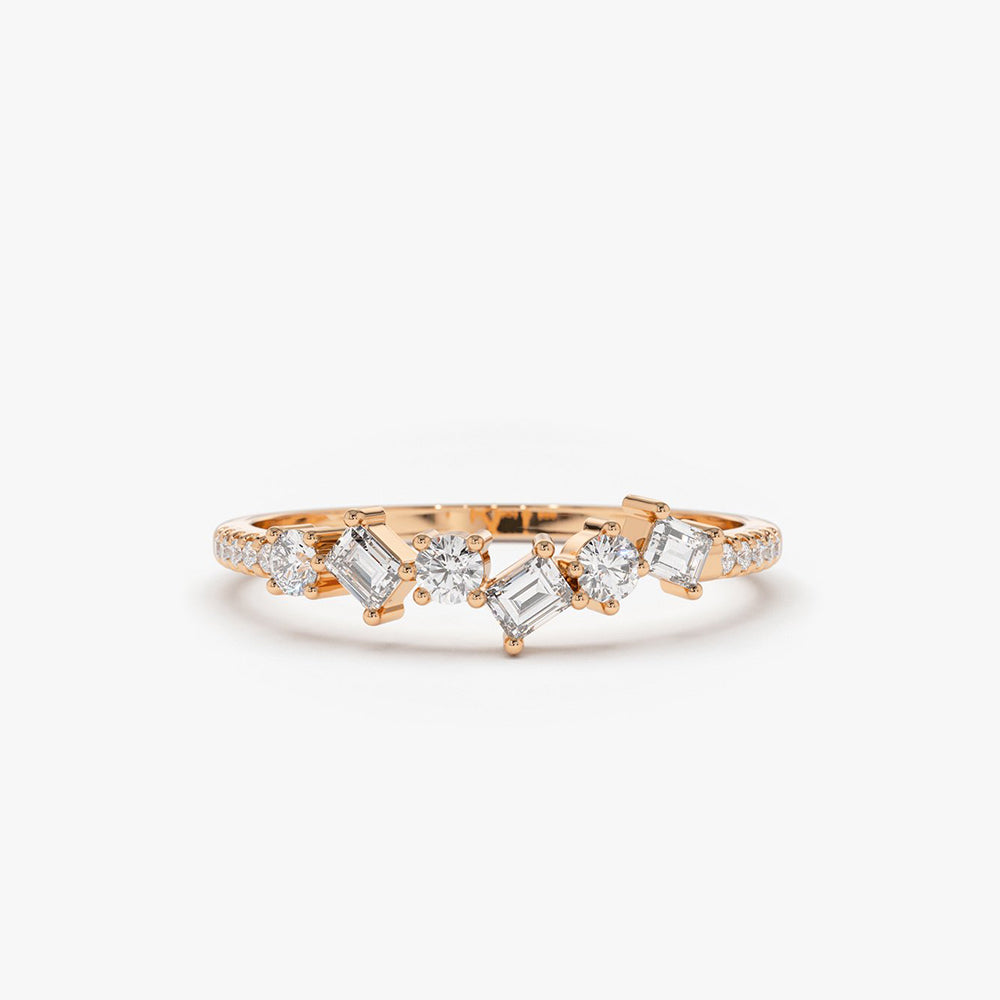 14K Gold Asymmetrical Baguette and Round Diamond Wedding Ring - GeumJewels