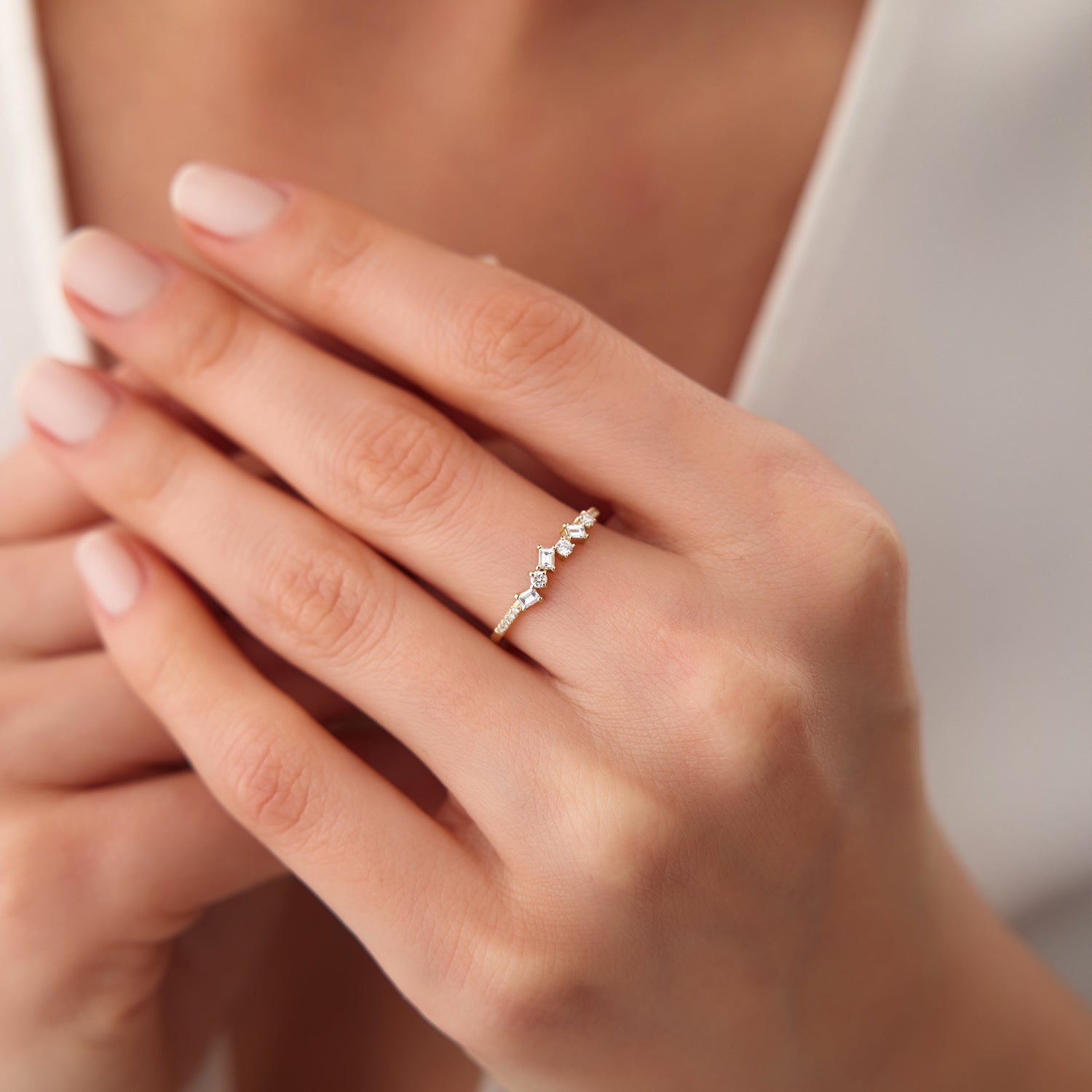 14K Gold Asymmetrical Baguette and Round Diamond Wedding Ring - GeumJewels