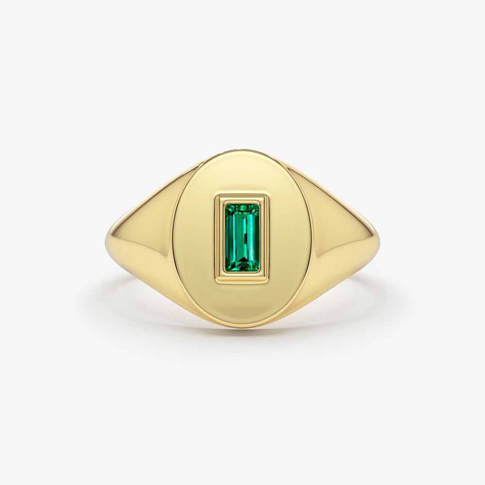 14k Gold Baguette Emerald Signet Ring - GeumJewels