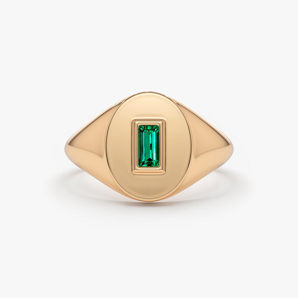 14k Gold Baguette Emerald Signet Ring - GeumJewels