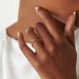 14K Gold Beaded Band Criss Cross Statement Ring - GeumJewels