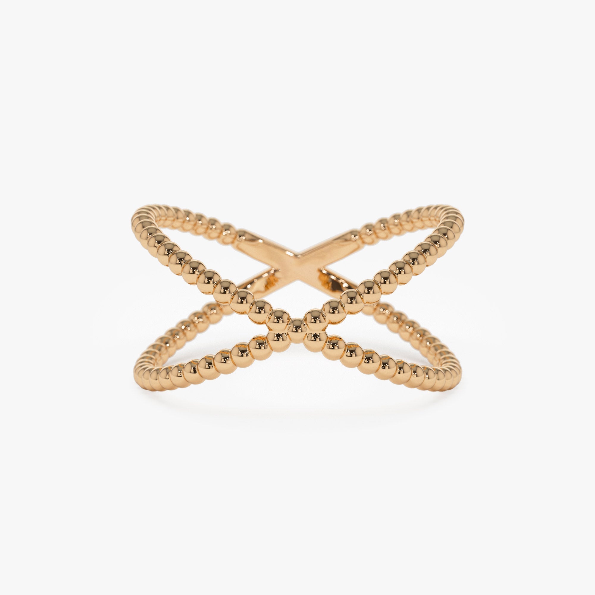 14K Gold Beaded Band Criss Cross Statement Ring - GeumJewels
