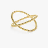 14K Gold Beaded Band Criss Cross Statement Ring - GeumJewels