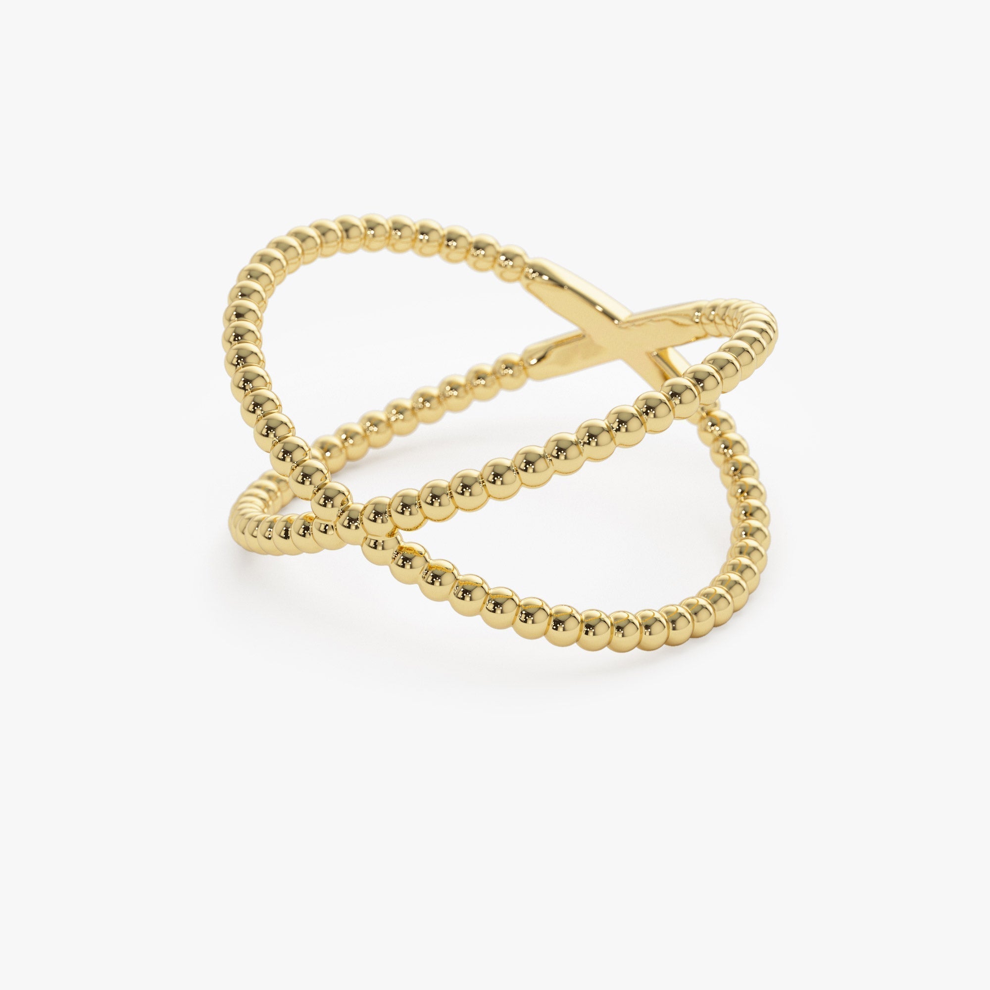14K Gold Beaded Band Criss Cross Statement Ring - GeumJewels