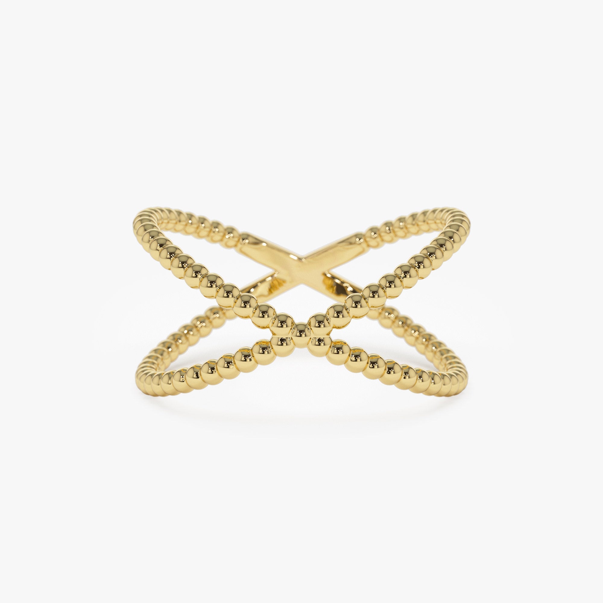 14K Gold Beaded Band Criss Cross Statement Ring - GeumJewels