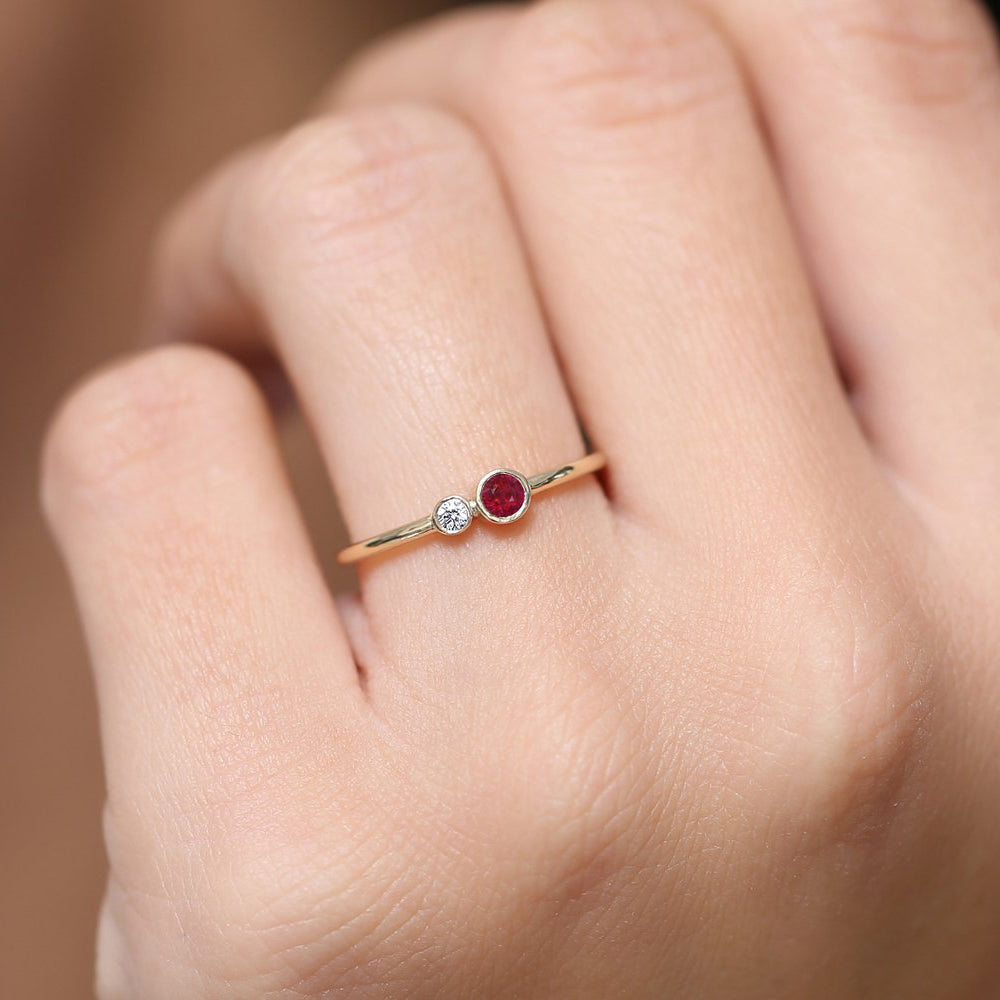 14K Gold Bezel Setting Ruby and Diamond Ring - GeumJewels