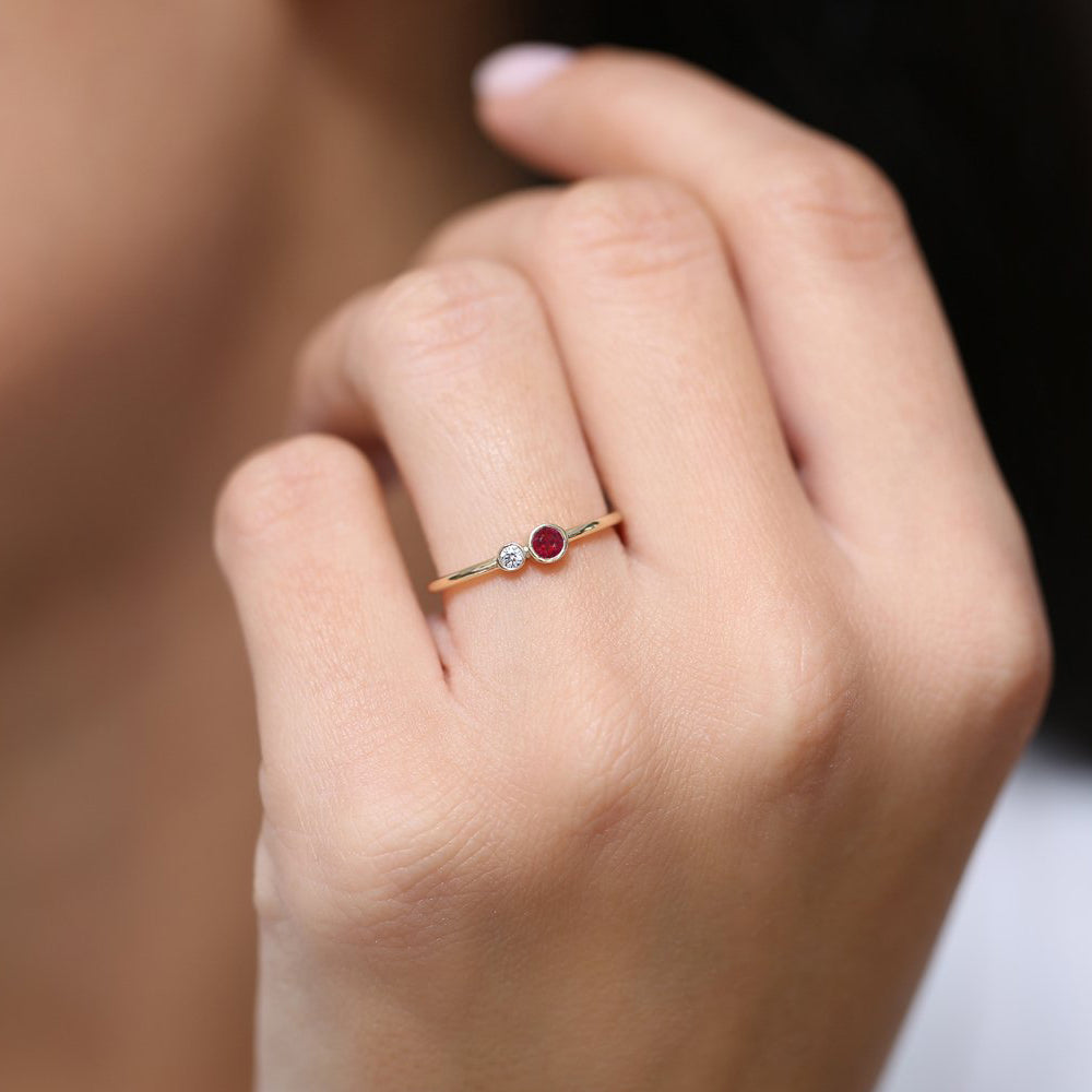 14K Gold Bezel Setting Ruby and Diamond Ring - GeumJewels