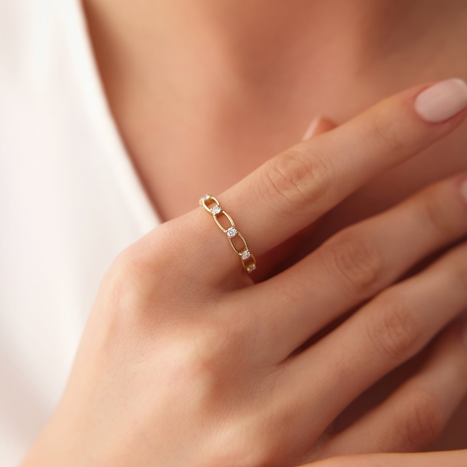 14K Gold Bezel Setting Unique Diamond Wedding Band - GeumJewels