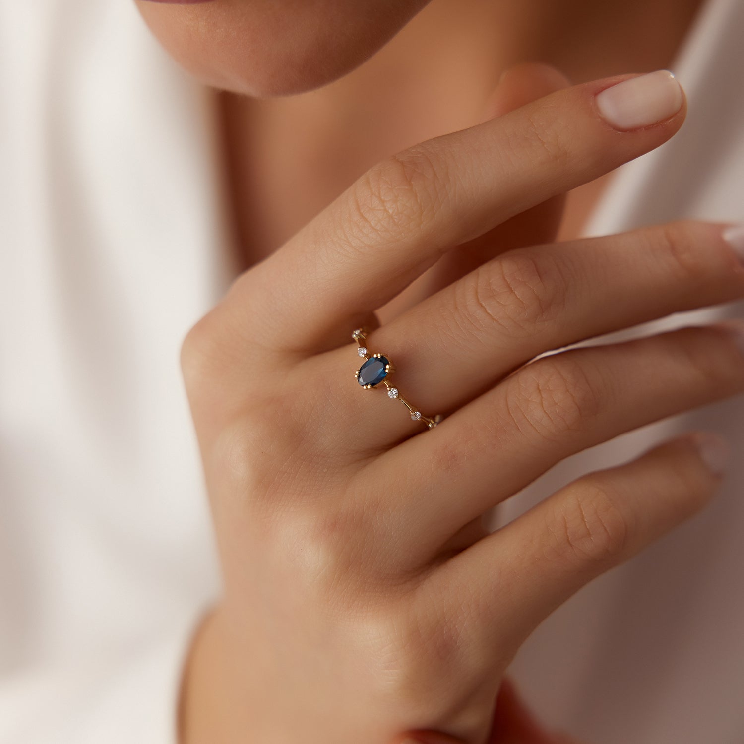 14k Gold Dainty Diamond Genuine Sapphire Ring - GeumJewels