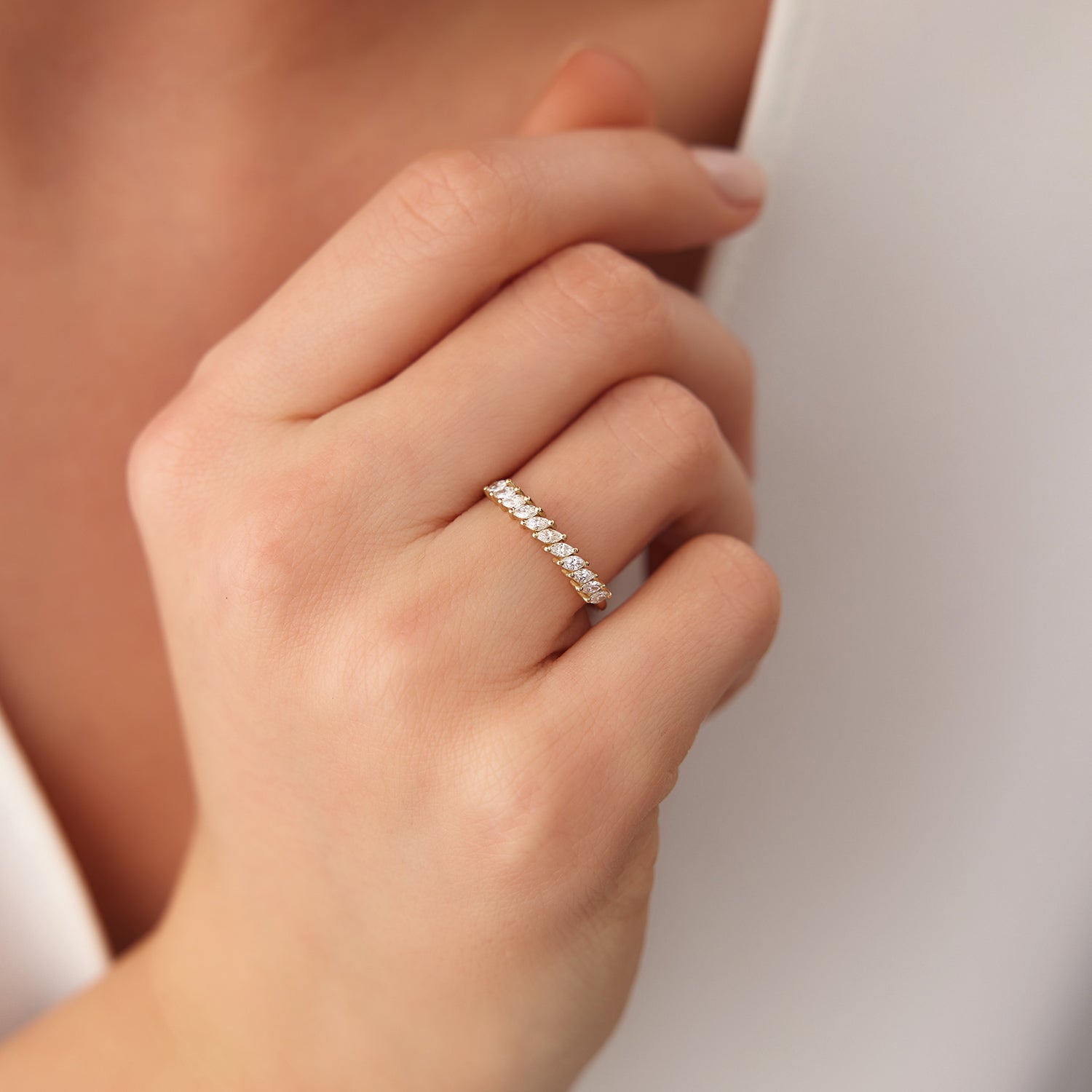 14K Gold Domino Marquise Wedding Band - GeumJewels