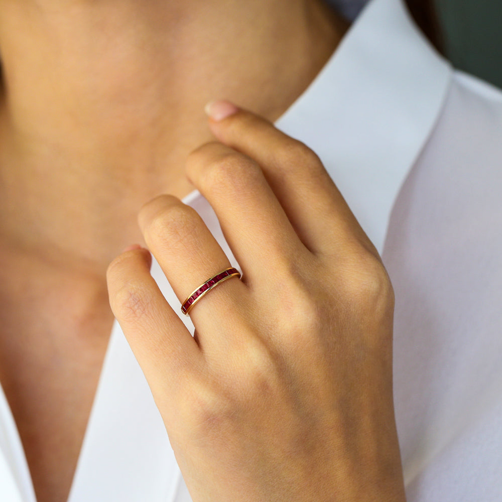 14k Gold Full Eternity Princess Cut Ruby Ring - GeumJewels