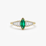 14k Gold Marquise Shape Emerald  Ring with Baguette Accents - GeumJewels