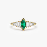 14k Gold Marquise Shape Emerald  Ring with Baguette Accents - GeumJewels