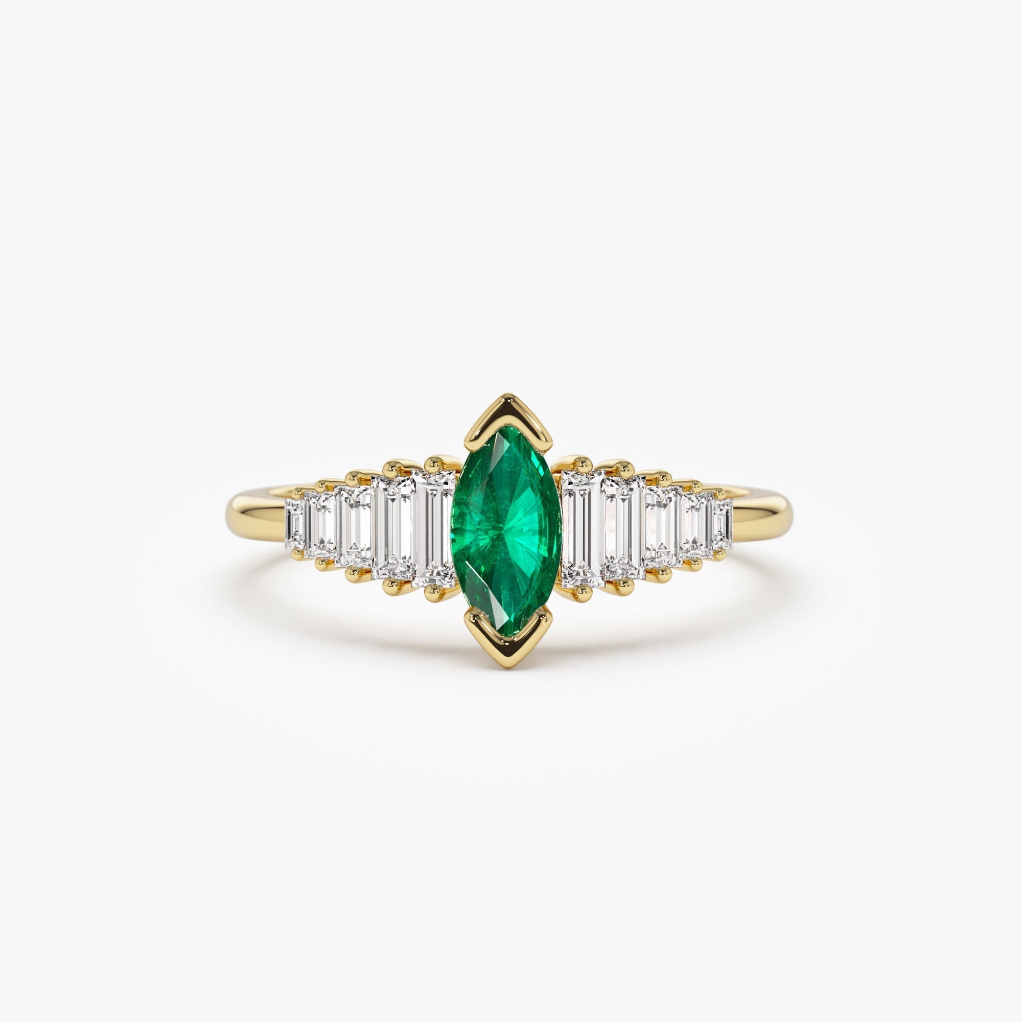 14k Gold Marquise Shape Emerald  Ring with Baguette Accents - GeumJewels