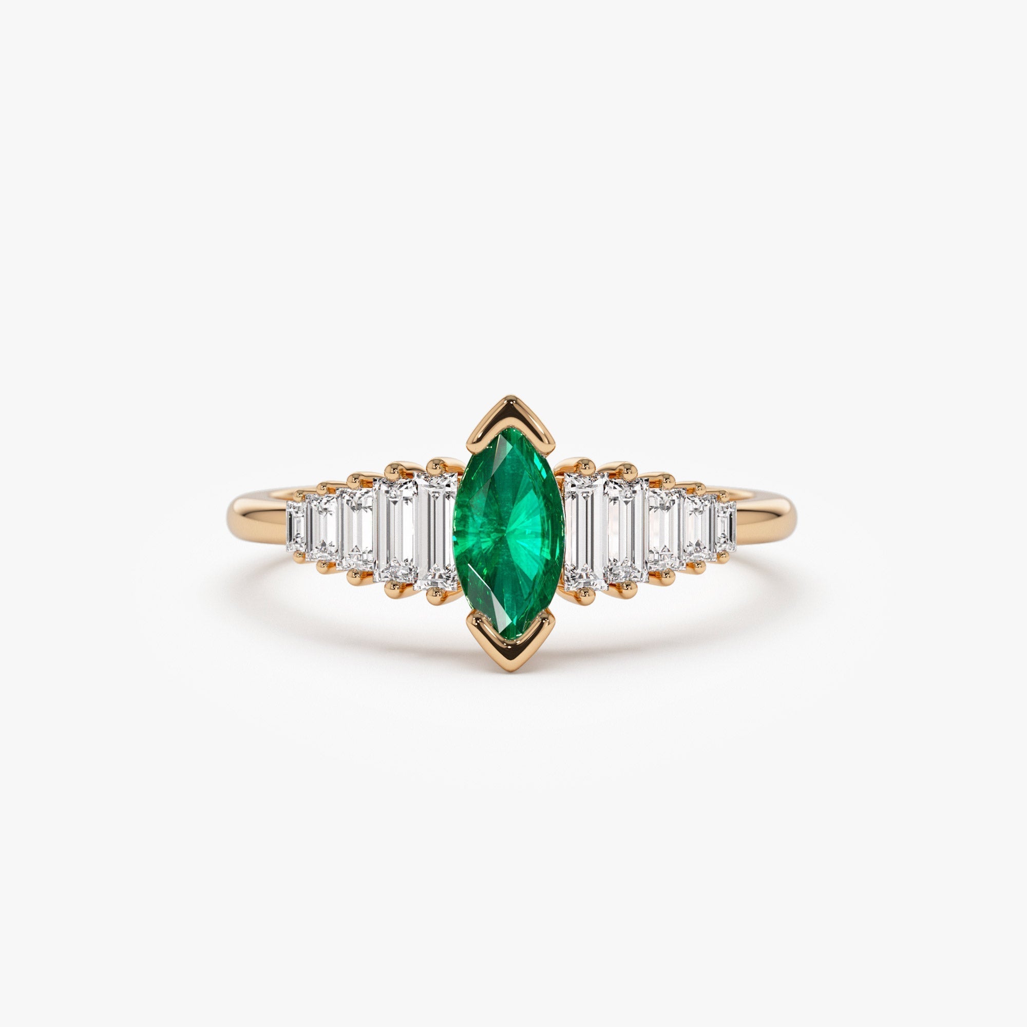 14k Gold Marquise Shape Emerald  Ring with Baguette Accents - GeumJewels