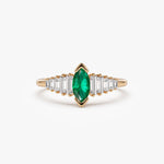 14k Gold Marquise Shape Emerald  Ring with Baguette Accents - GeumJewels