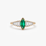 14k Gold Marquise Shape Emerald  Ring with Baguette Accents - GeumJewels