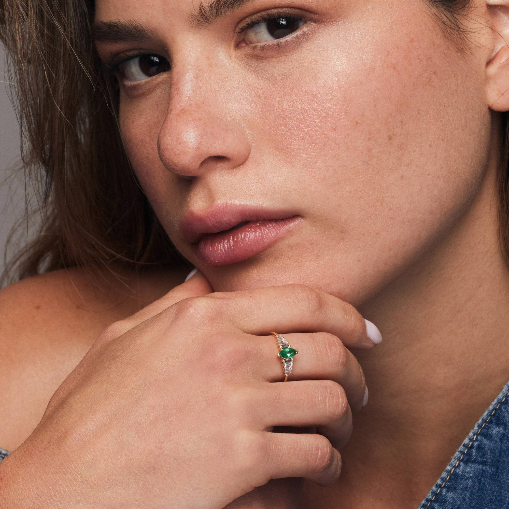 14k Gold Marquise Shape Emerald  Ring with Baguette Accents - GeumJewels