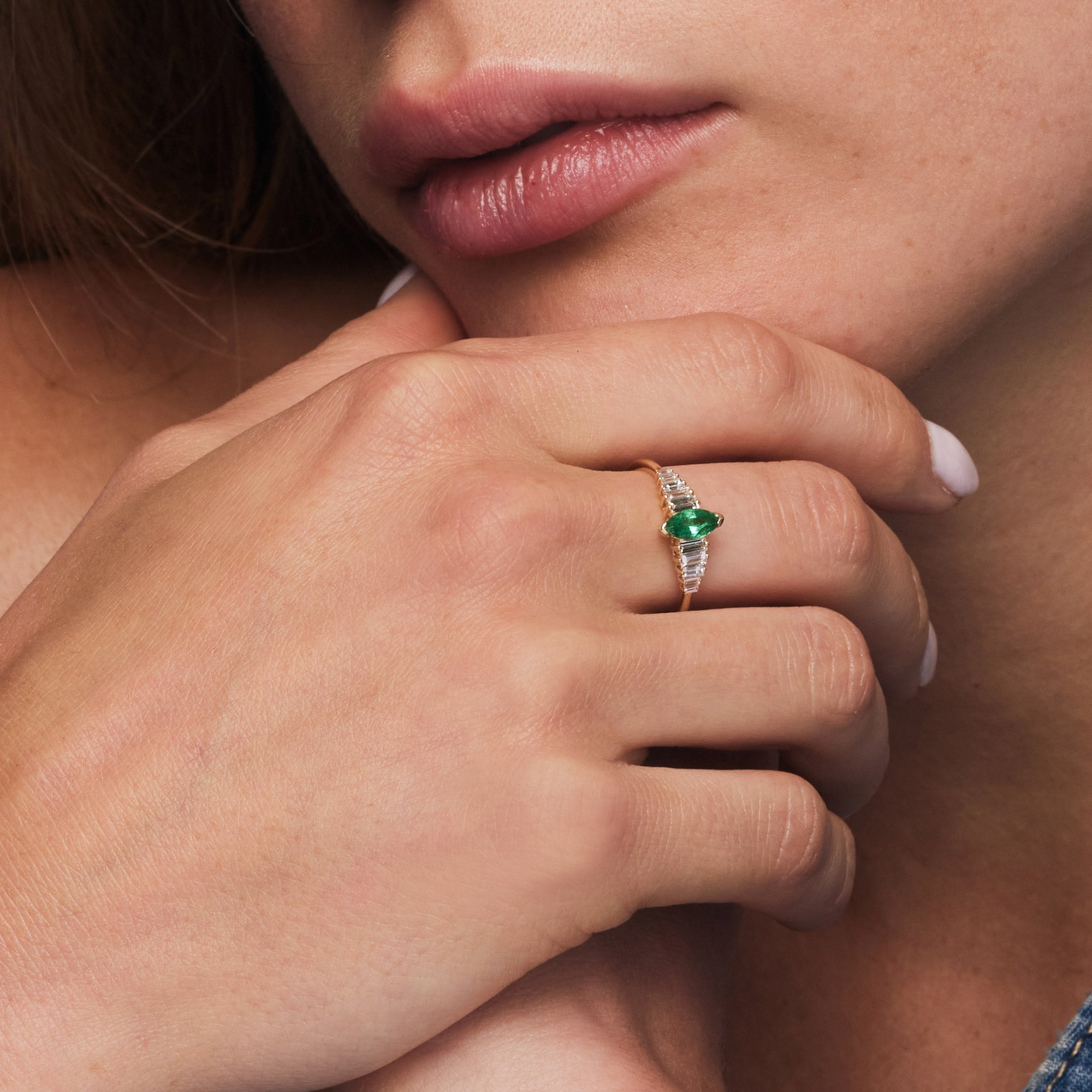 14k Gold Marquise Shape Emerald  Ring with Baguette Accents - GeumJewels
