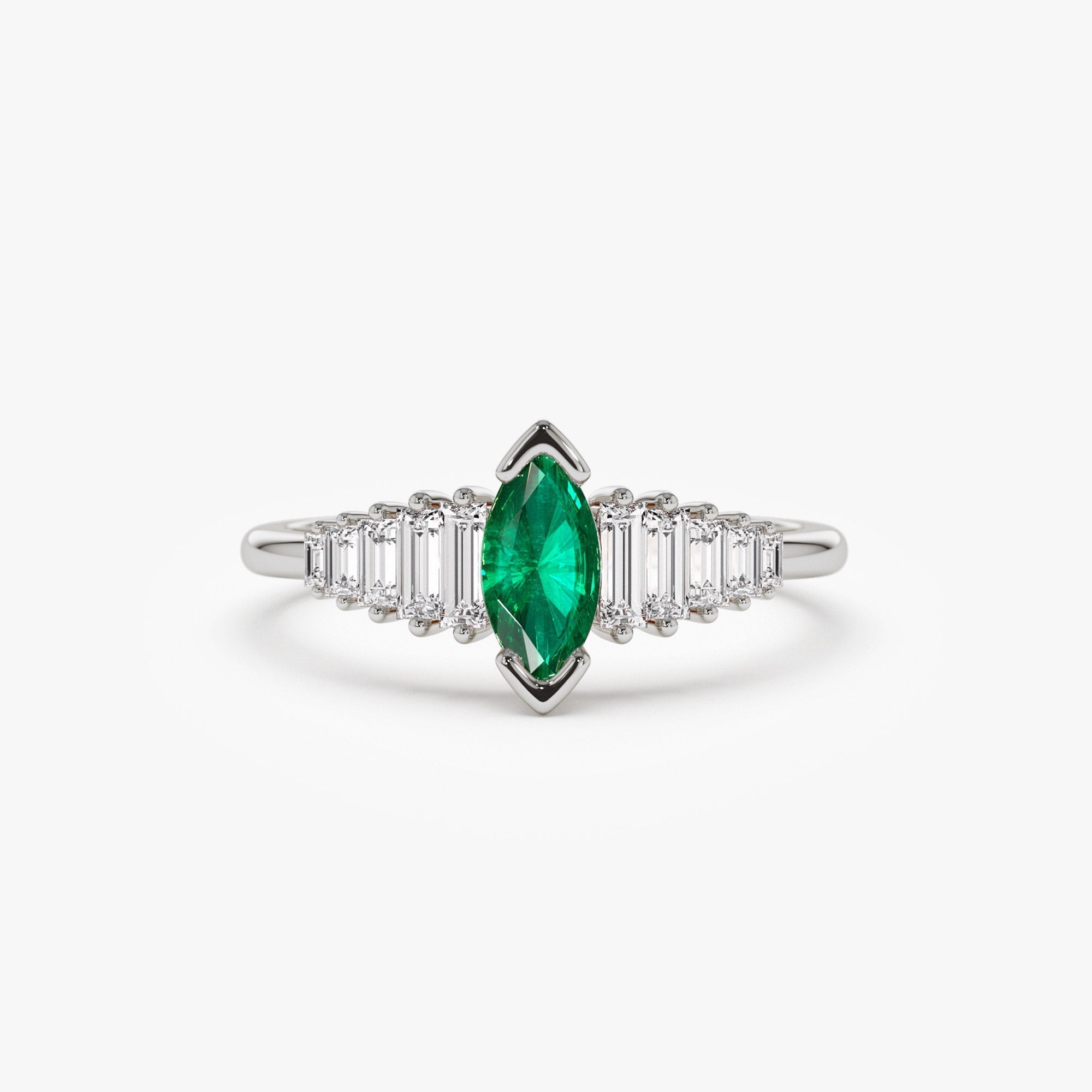14k Gold Marquise Shape Emerald  Ring with Baguette Accents - GeumJewels