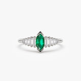 14k Gold Marquise Shape Emerald  Ring with Baguette Accents - GeumJewels