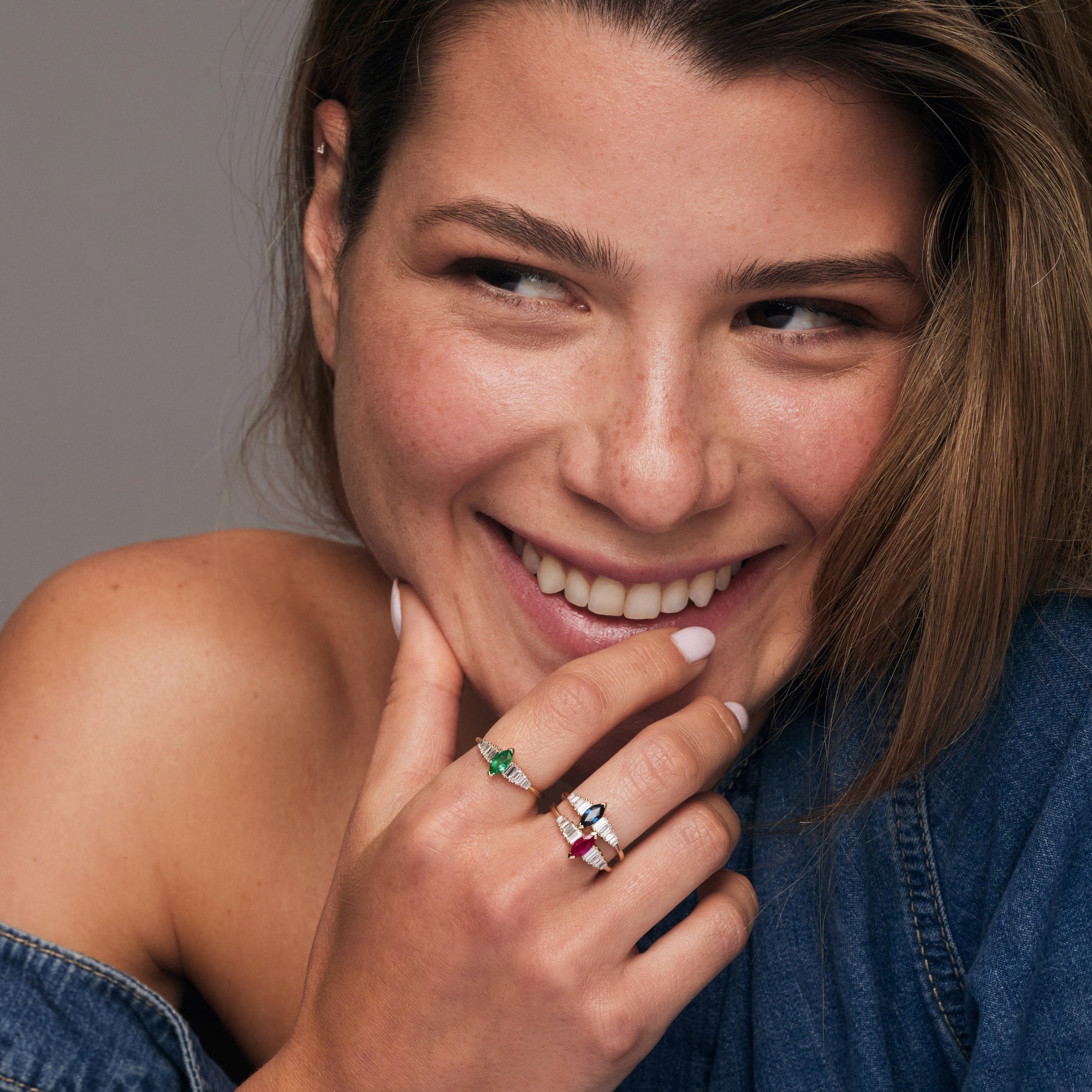 14k Gold Marquise Shape Emerald  Ring with Baguette Accents - GeumJewels