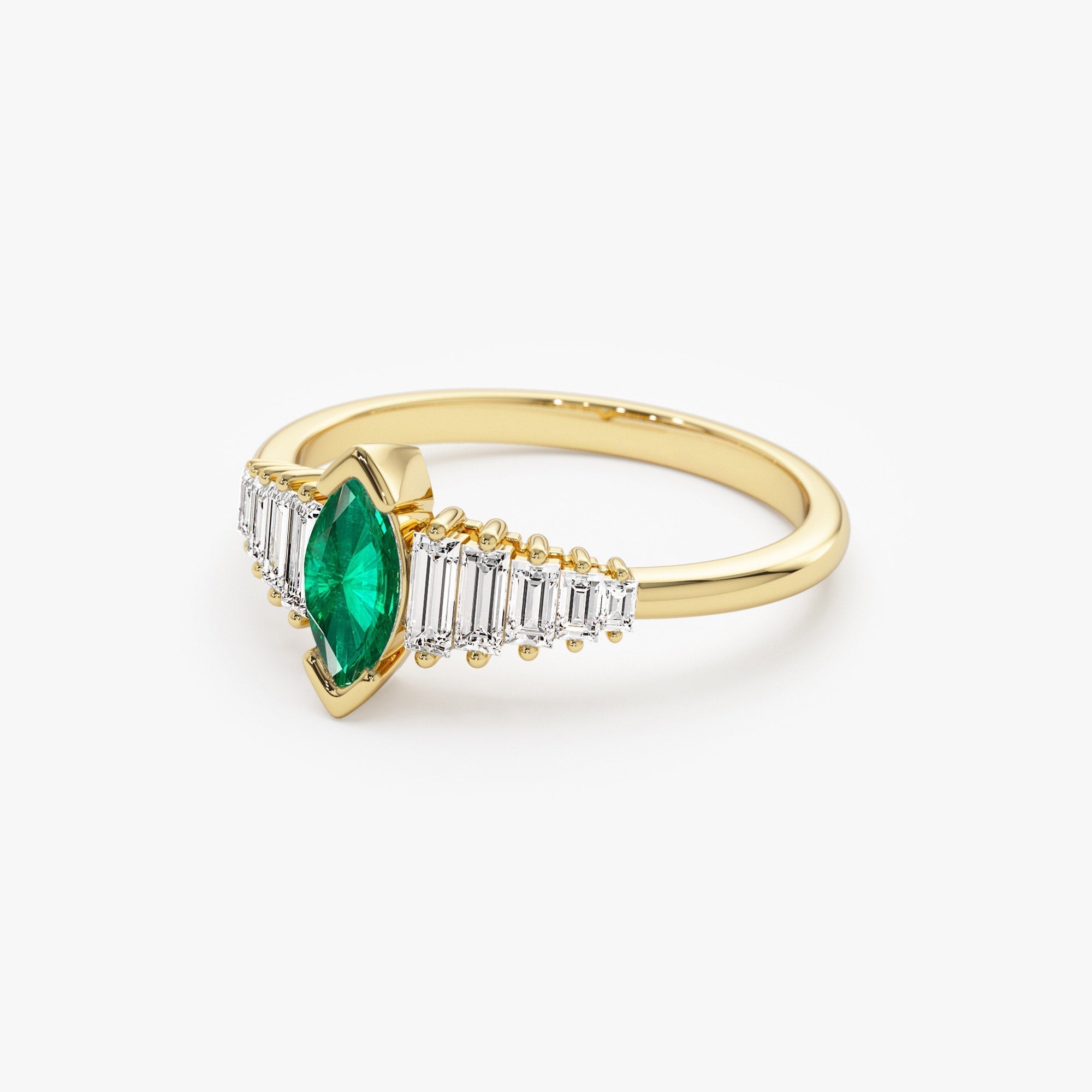 14k Gold Marquise Shape Emerald  Ring with Baguette Accents - GeumJewels