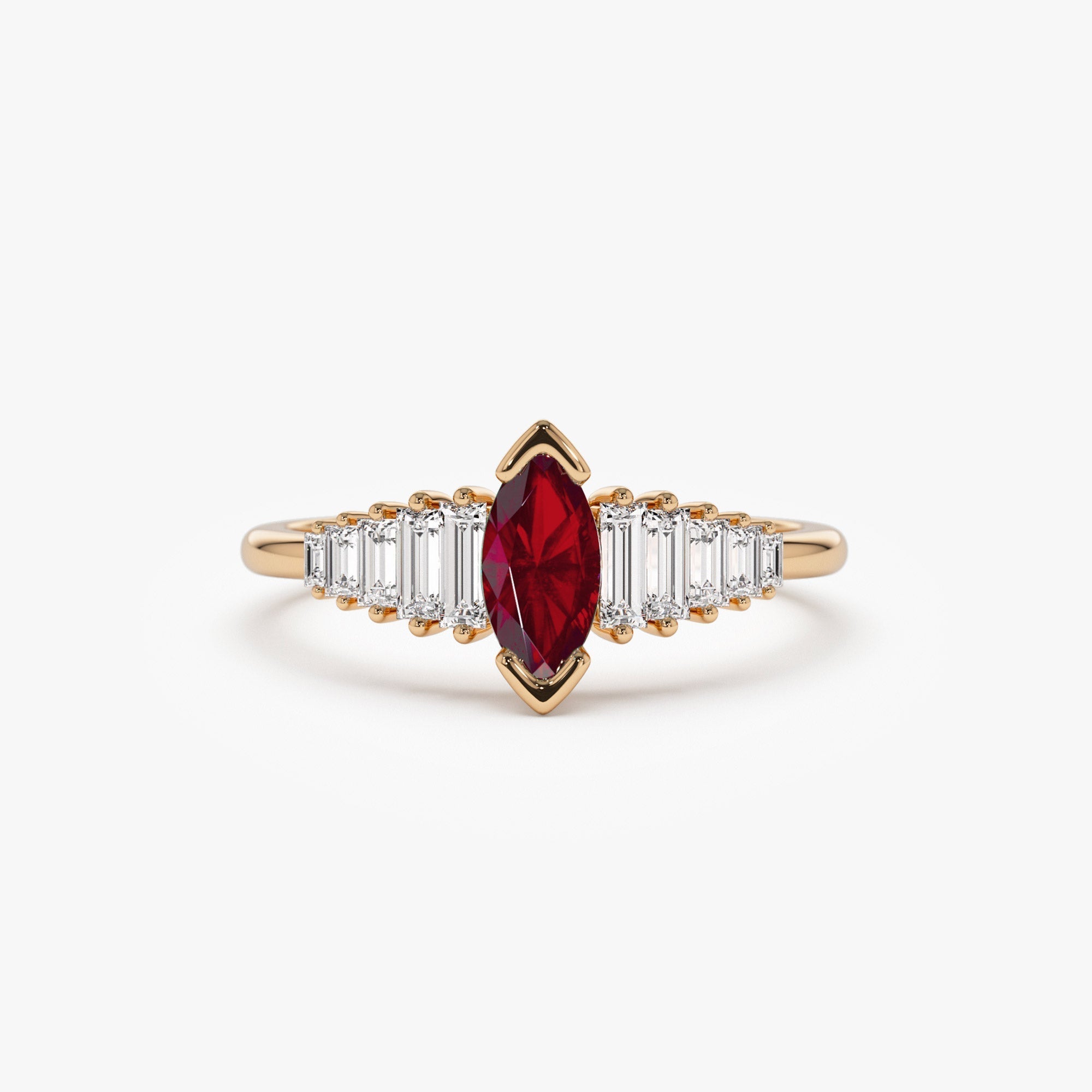 14k Gold Marquise Shape Ruby  Ring with Baguette Accents - GeumJewels