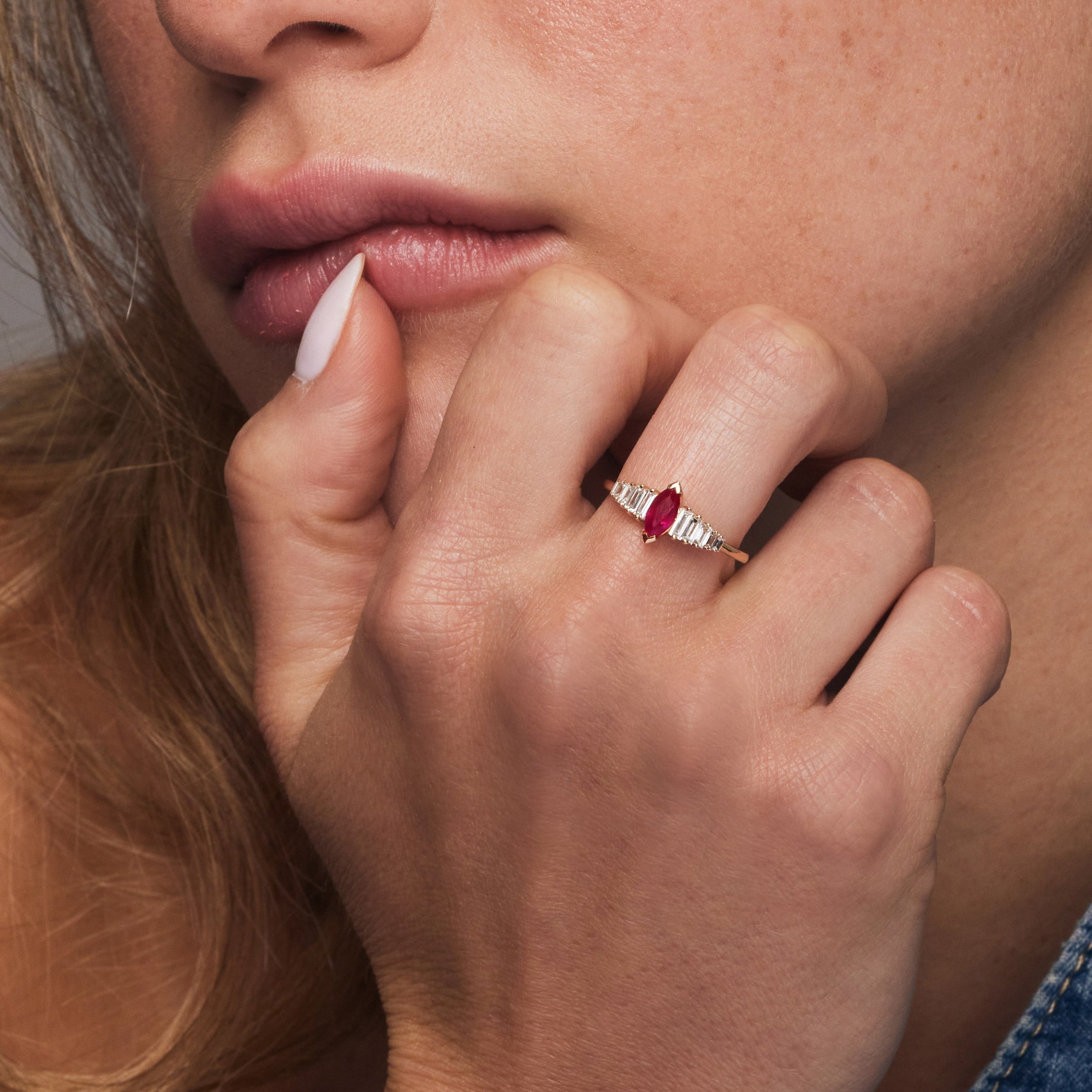 14k Gold Marquise Shape Ruby  Ring with Baguette Accents - GeumJewels