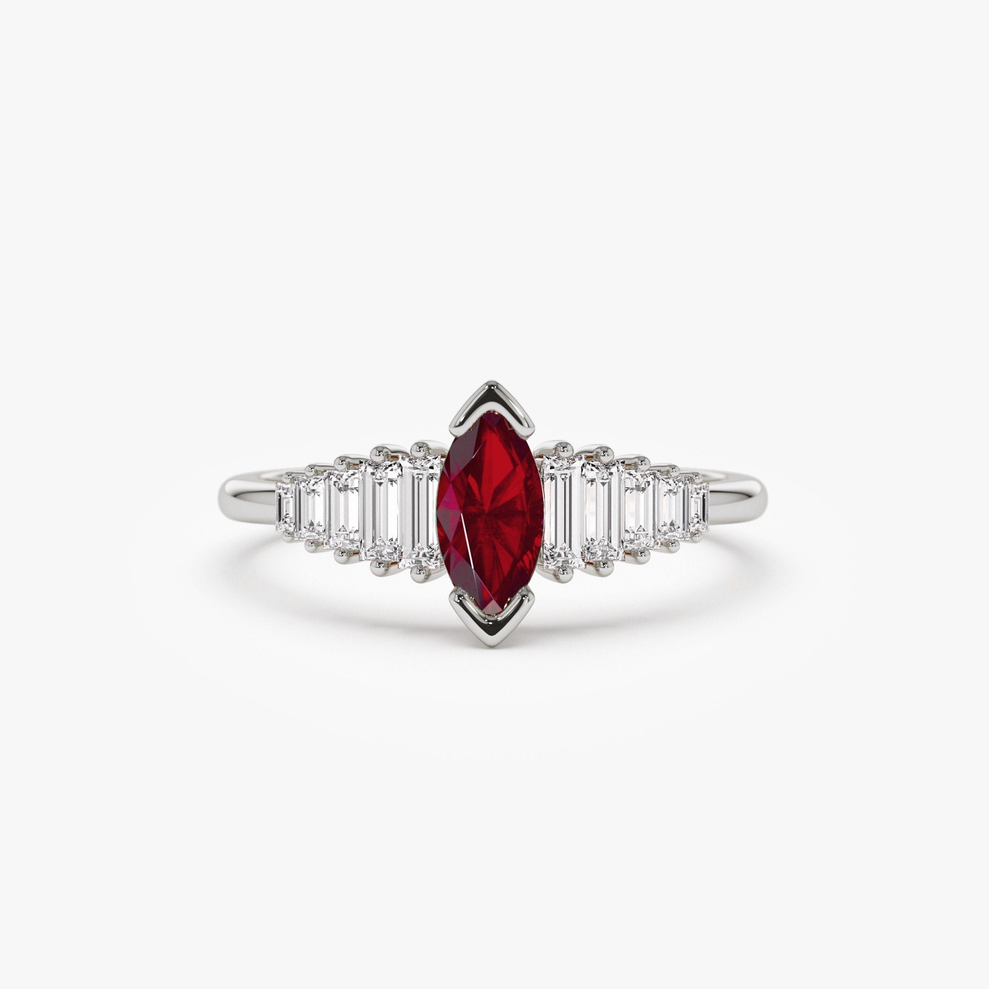 14k Gold Marquise Shape Ruby  Ring with Baguette Accents - GeumJewels