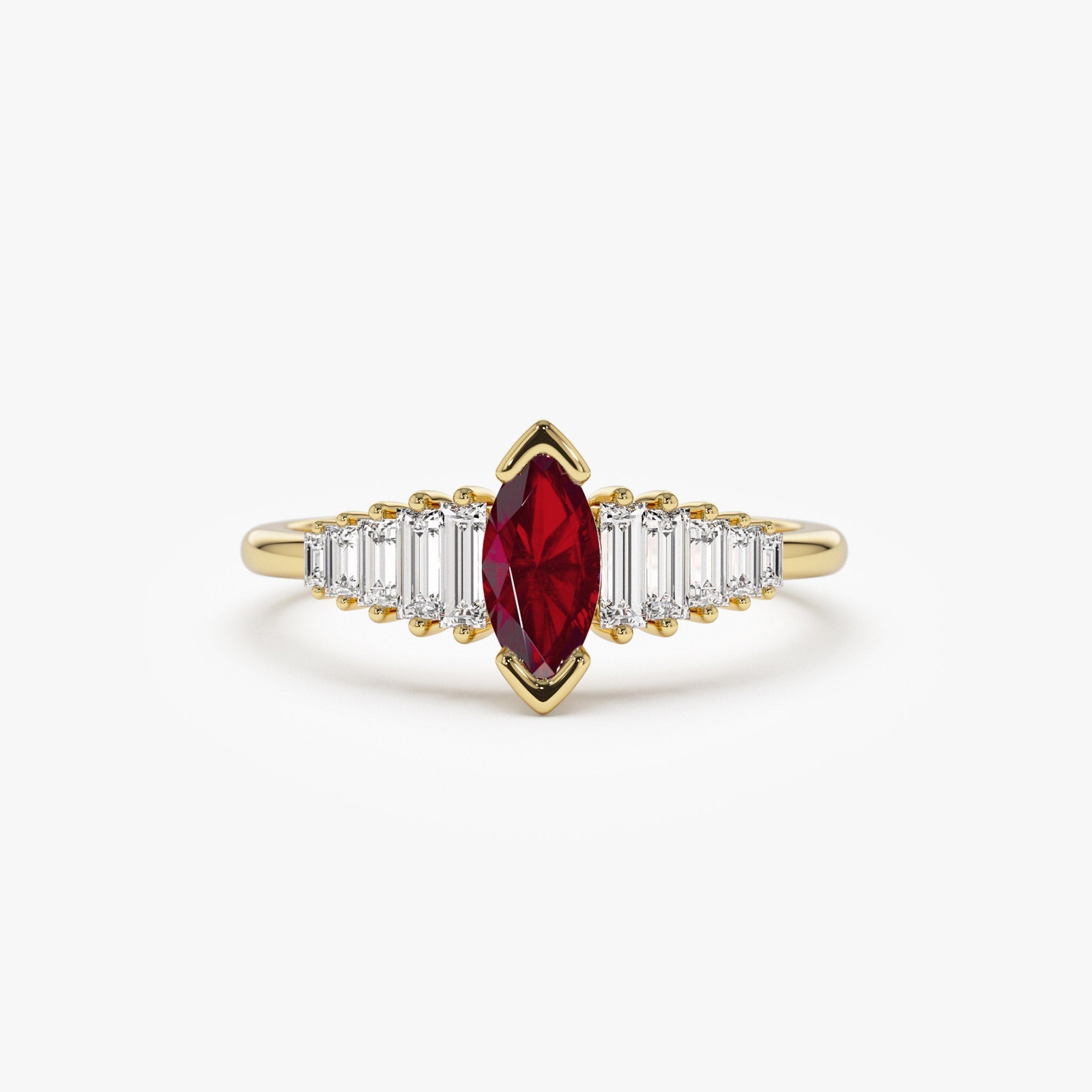 14k Gold Marquise Shape Ruby  Ring with Baguette Accents - GeumJewels