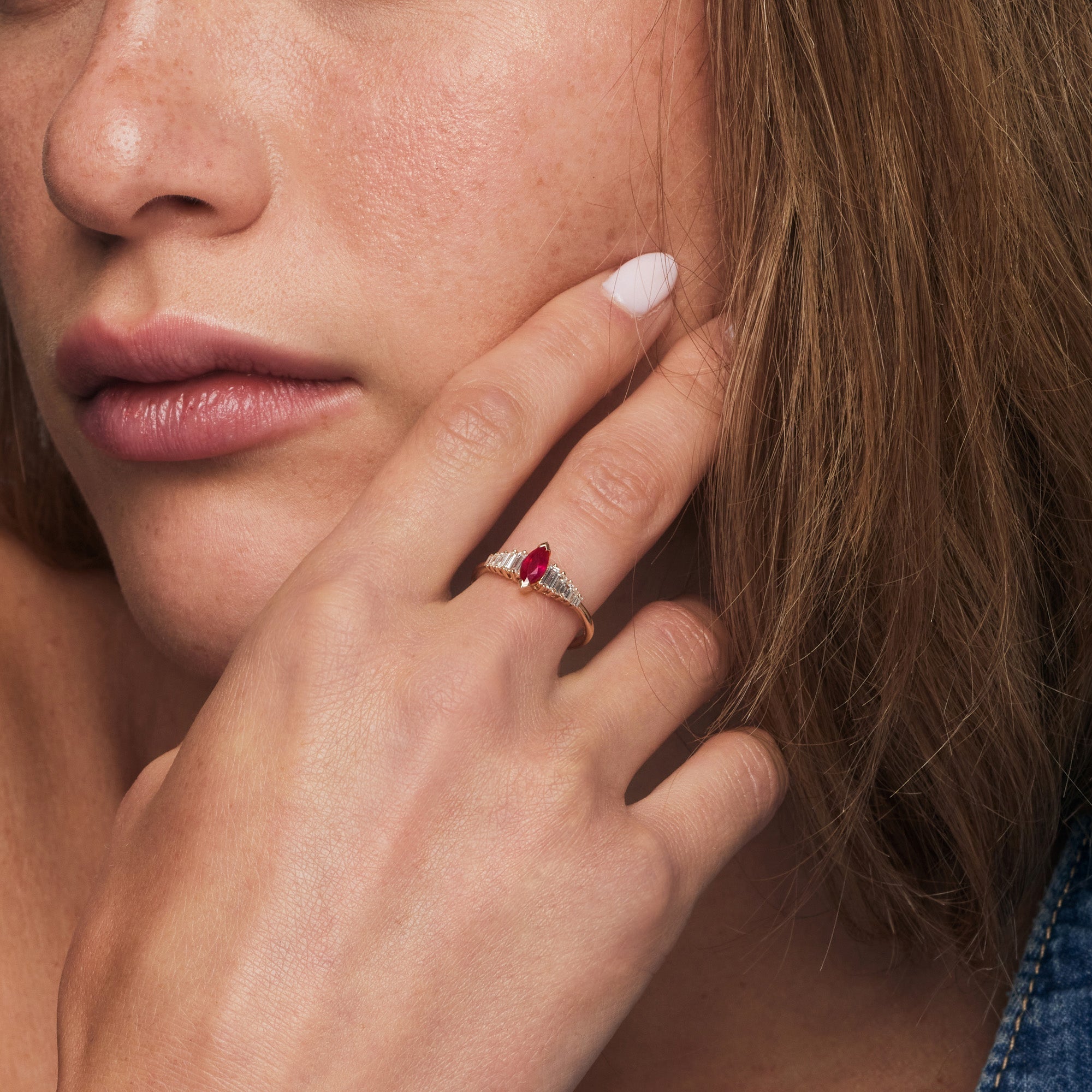 14k Gold Marquise Shape Ruby  Ring with Baguette Accents - GeumJewels