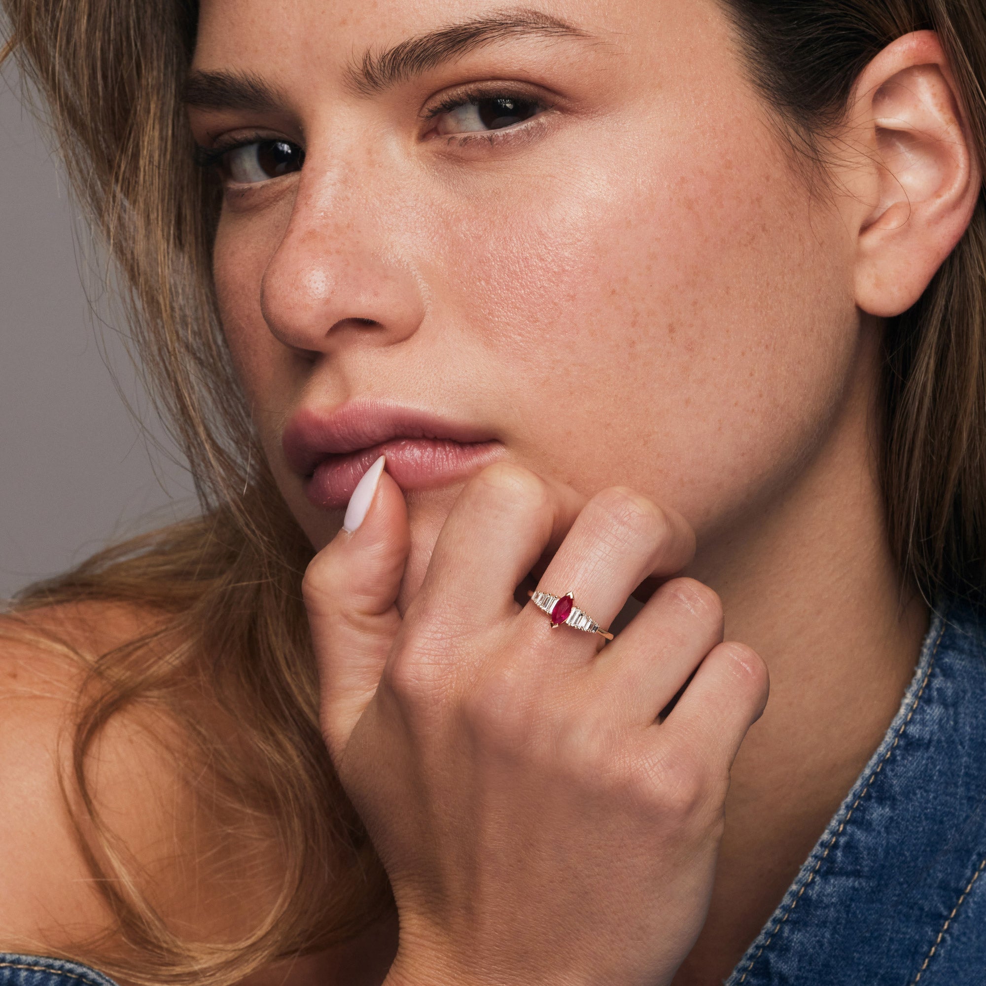 14k Gold Marquise Shape Ruby  Ring with Baguette Accents - GeumJewels
