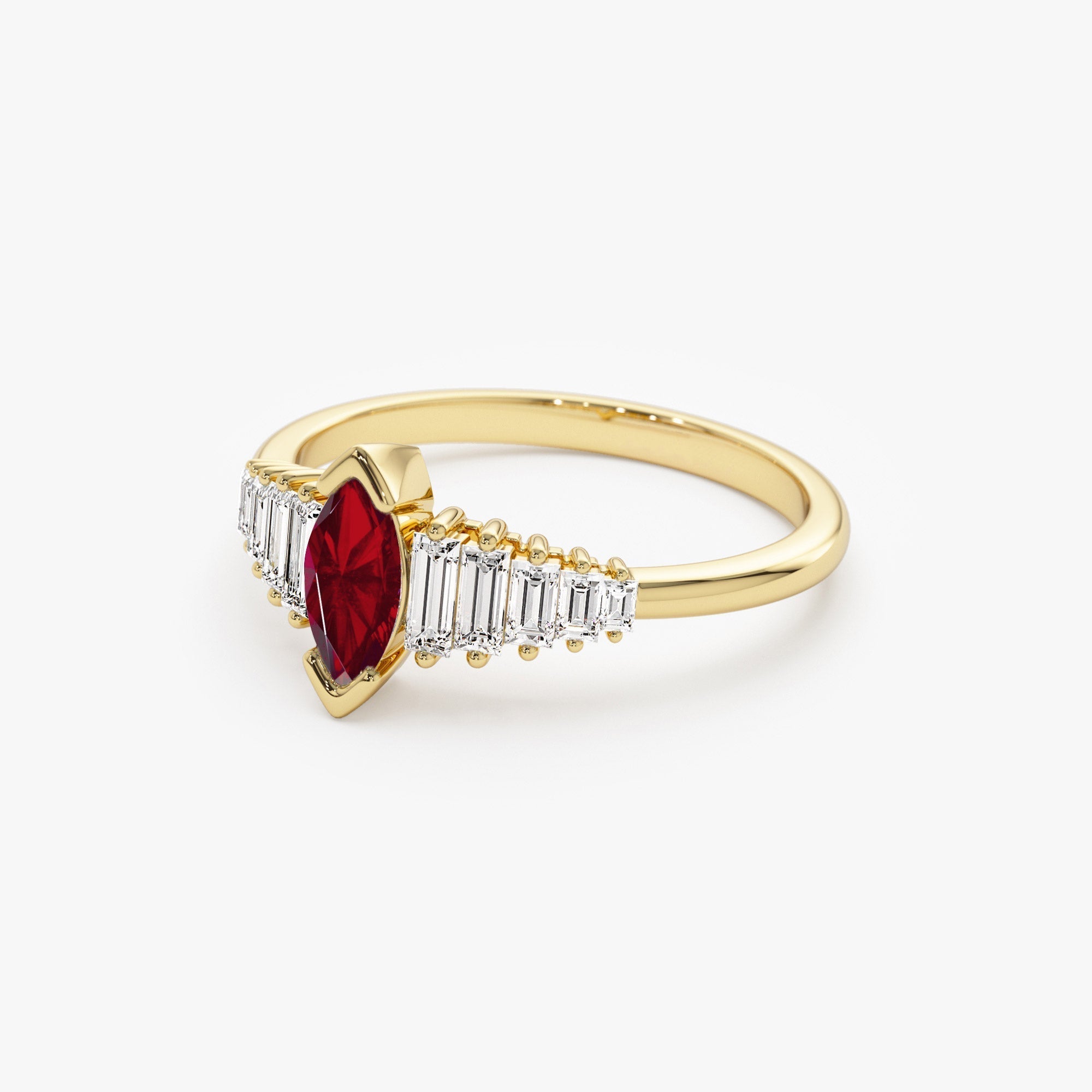 14k Gold Marquise Shape Ruby  Ring with Baguette Accents - GeumJewels
