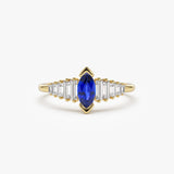14k Gold Marquise Shape Sapphire  Ring with Baguette Accents - GeumJewels