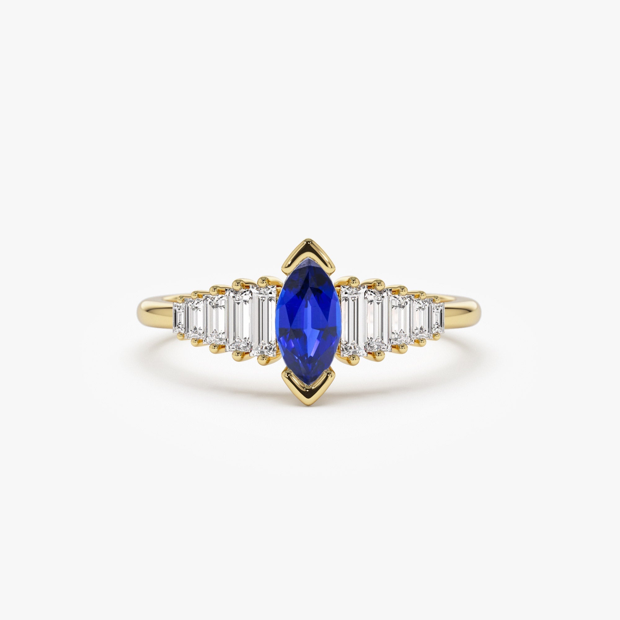 14k Gold Marquise Shape Sapphire  Ring with Baguette Accents - GeumJewels