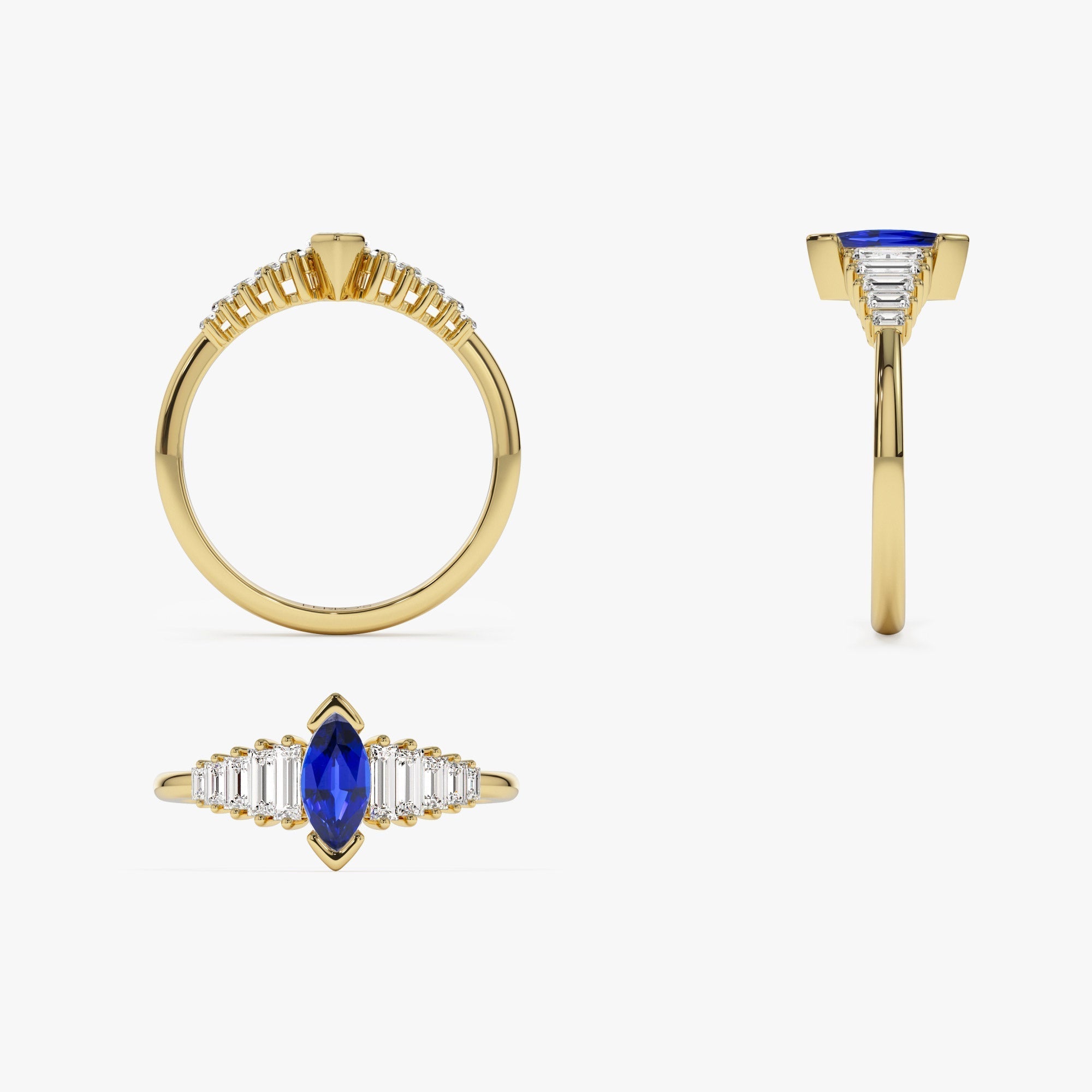 14k Gold Marquise Shape Sapphire  Ring with Baguette Accents - GeumJewels