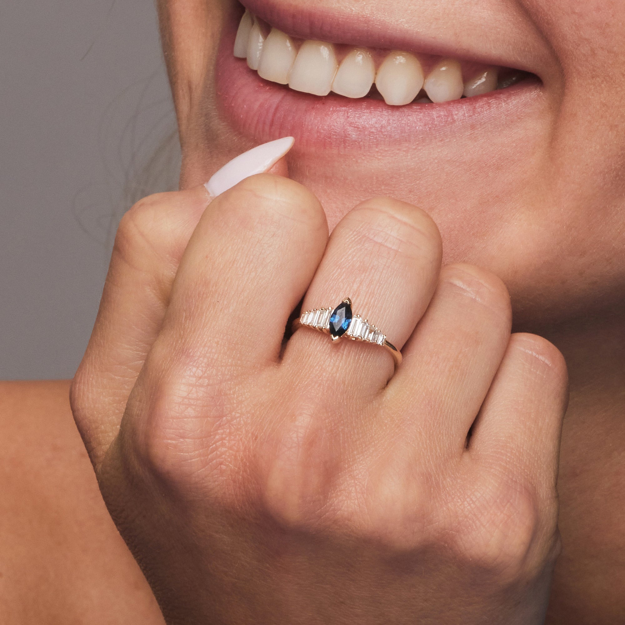 14k Gold Marquise Shape Sapphire  Ring with Baguette Accents - GeumJewels